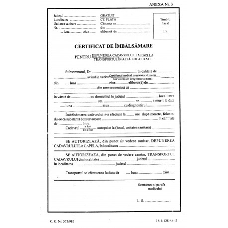 Certificat de imbalsamare - A5